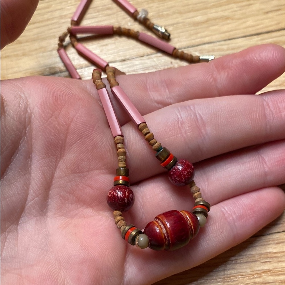 Vintage Bohemian Red and Pink Beaded Necklace